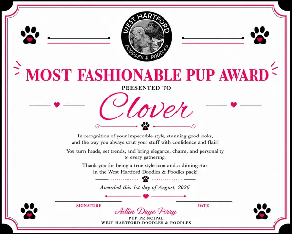 Most Fashionable Pup award certificate